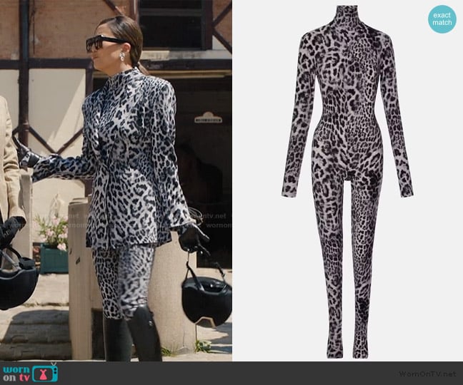Norma Kamali Leopard-print jersey catsuit worn by Mindy Chen (Ashley Park) on Emily in Paris