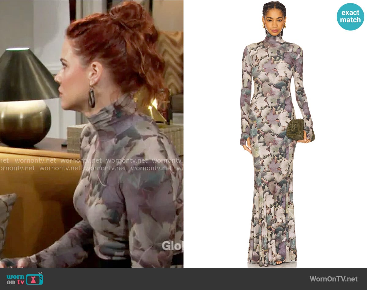 Norma Kamali Turtleneck Fishtail Gown in Autumnal Leaves worn by Sally Spectra (Courtney Hope) on The Young and the Restless