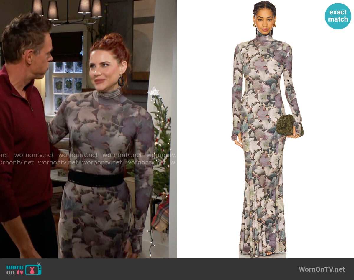 Norma Kamali Turtleneck Fishtail Gown in Autumnal Leaves worn by Sally Spectra (Courtney Hope) on The Young and the Restless