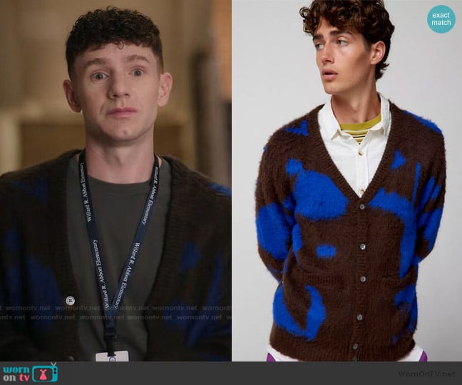 Obey Luka Splatter Cardigan worn by Jacob Hill (Chris Perfetti) on Abbott Elementary