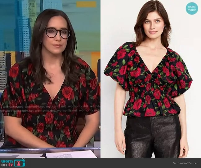 Old Navy Puff-Sleeve Top in Rose Print worn by Savannah Sellers on NBC News Daily