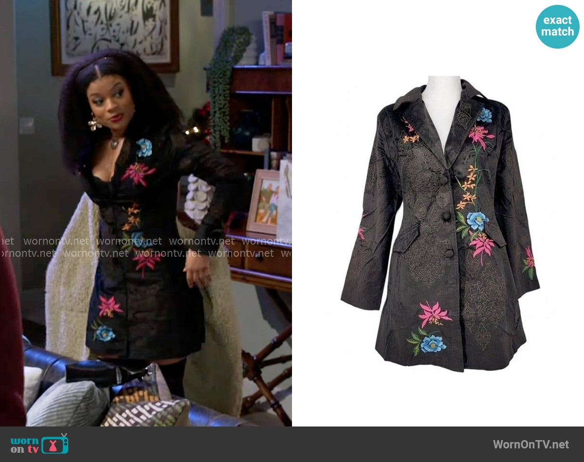 Eva’s floral embroidered coat dress on Beyond the Gates