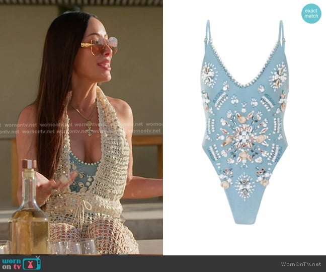 PatBO Seashell Embroidered Bodysuit worn by Angie Katsanevas on The Real Housewives of Salt Lake City