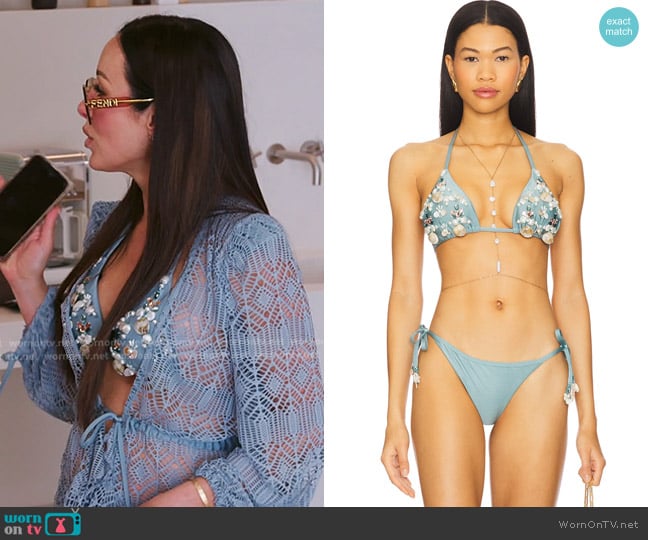 PatBO x Camila Coelho Lace Bikini Top in Blue worn by Angie Katsanevas on The Real Housewives of Salt Lake City