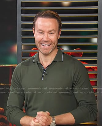 Paul Zahn’s green long sleeve polo on Access Hollywood