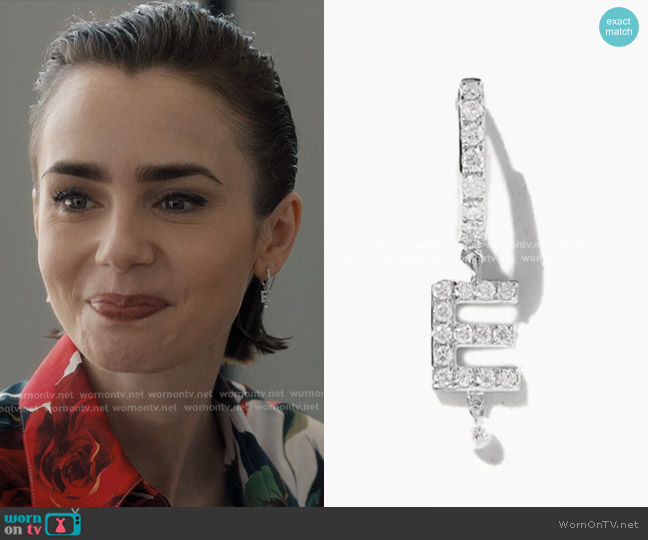 Persee Paris Gold Pave Alphabet Piercing worn by Emily Cooper (Lily Collins) on Emily in Paris