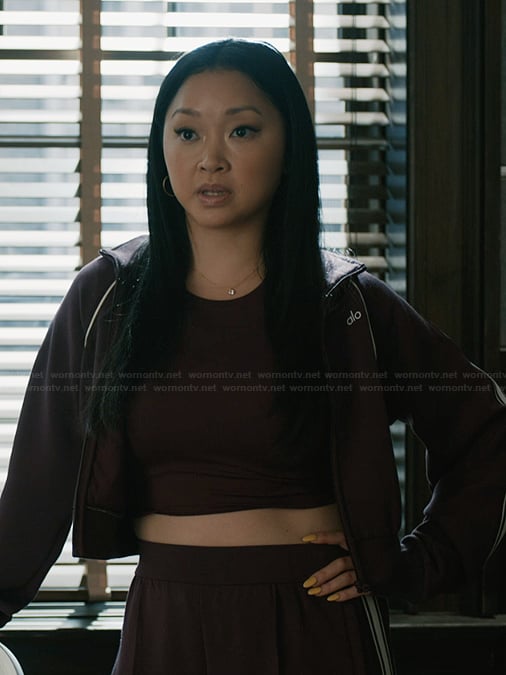 Peyton's burgundy track jacket on Elsbeth