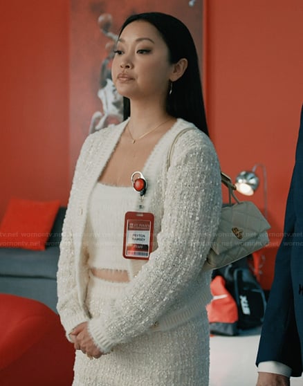 Peyton's white tweed jacket and mini skirt on Elsbeth