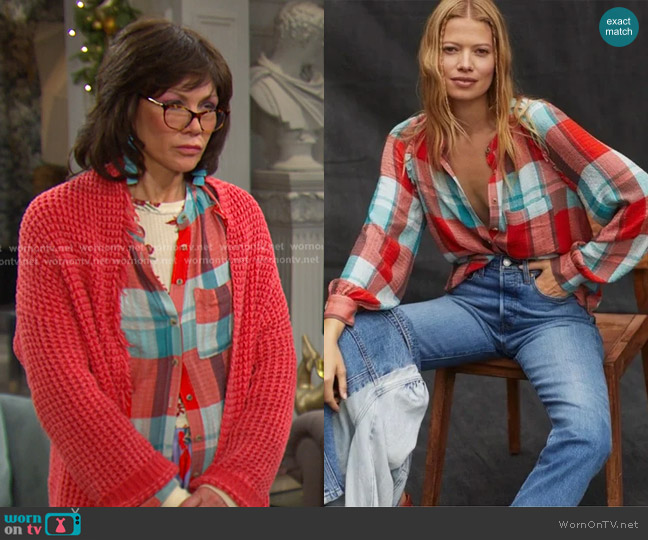 Pilcro Breezy Plaid Buttondown in Blue/Red worn by Susan Banks (Stacy Haiduk) on Days of our Lives