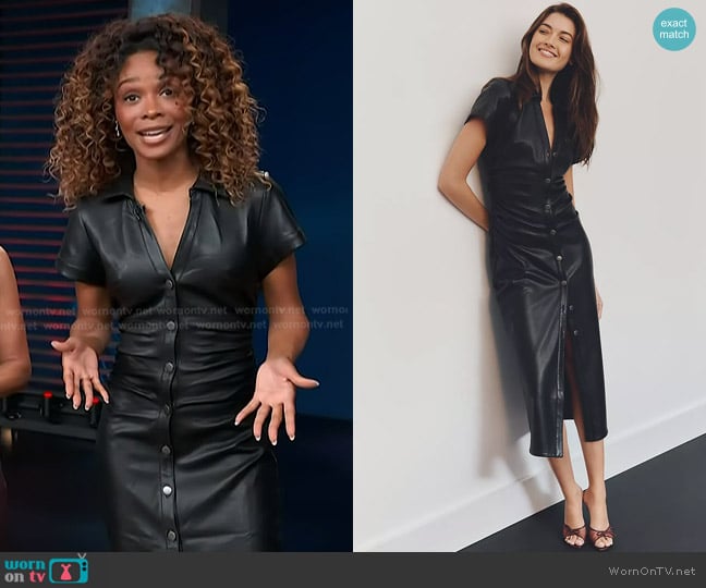 Pilcro Faux Leather Short-Sleeve Ruched Midi Shirt Dress worn by Zuri Hall on Access Hollywood