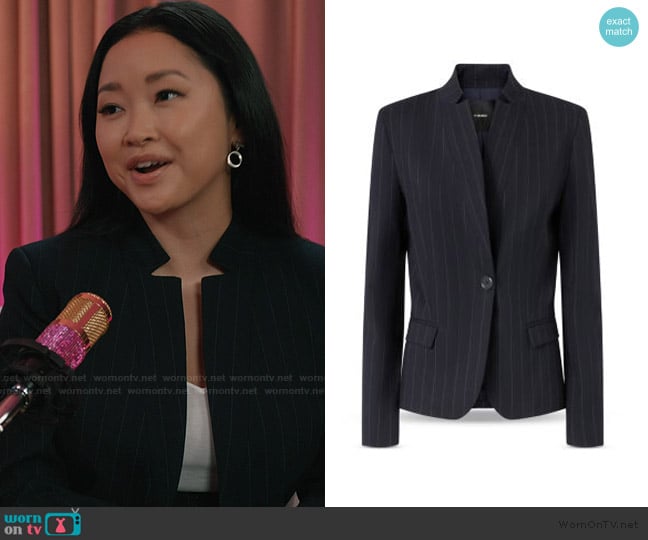 Peyton’s black pinstripe blazer on Elsbeth Peyton’s black pinstripe blazer on Elsbeth