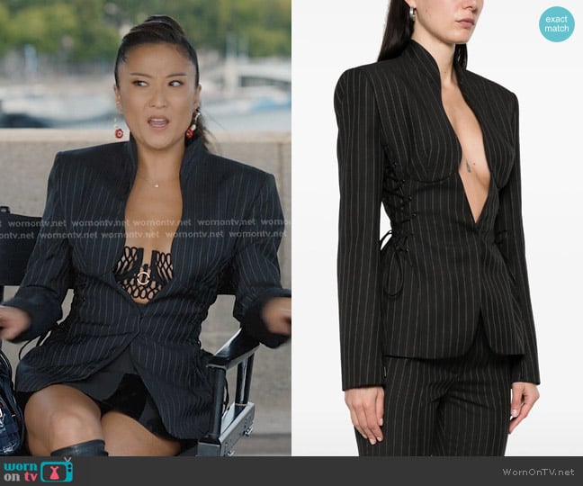  Pinstripe Sculptural Jacketby Mugler worn by Mindy Chen (Ashley Park) on Emily in Paris