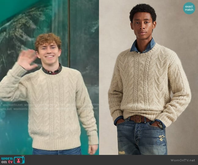 Polo Ralph Lauren Aran-Knit Sweater in Coconut Cream Heather worn by Walker Scobell on Good Morning America