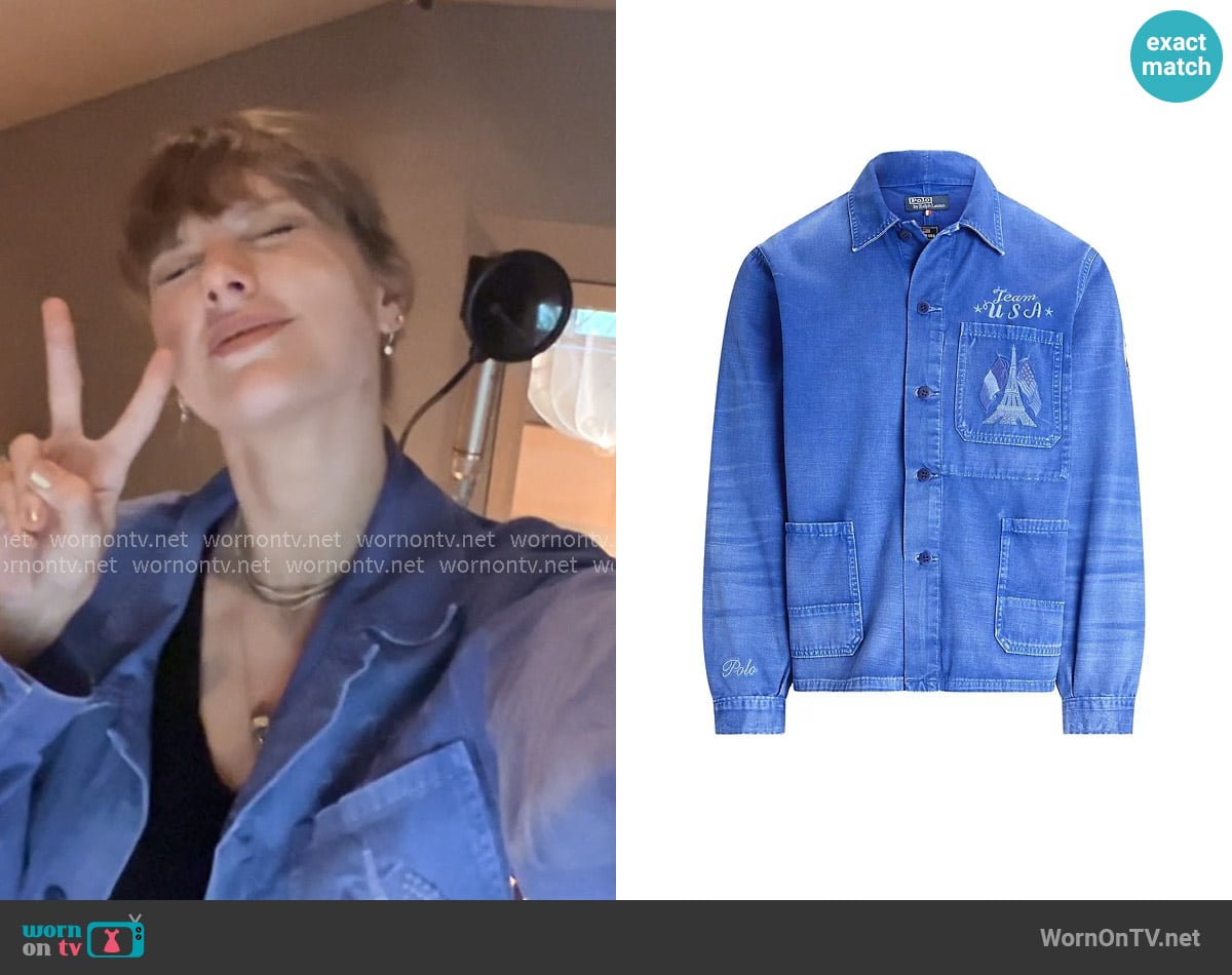 Polo Ralph Lauren Blue Team USA 2024 Summer Olympics Villagewear Workwear Full-Zip Jacket worn by Taylor Swift on The End of an Era