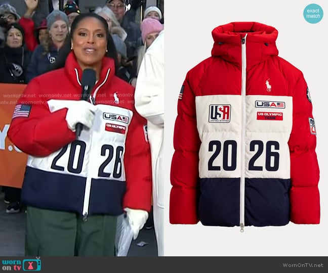 Polo Ralph Lauren Team USA Closing Ceremony Jacket in RL Red Multi worn by Sheinelle Jones on Today