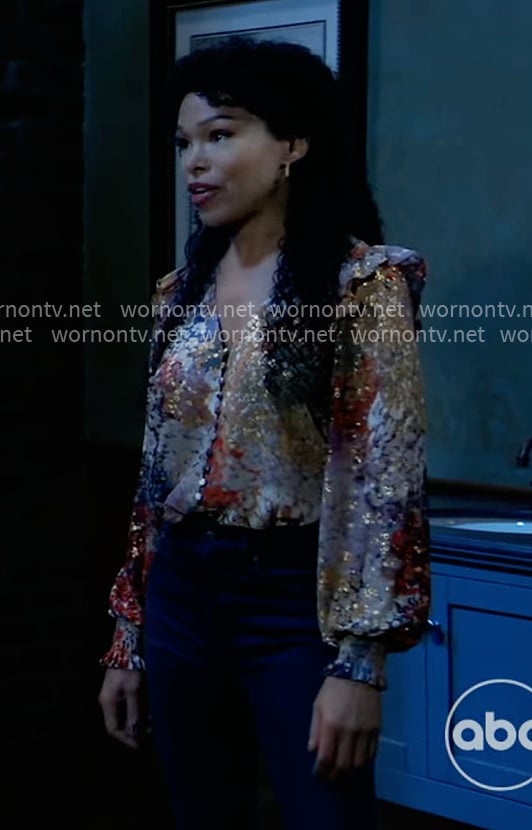 Portia’s metallic floral top on General Hospital