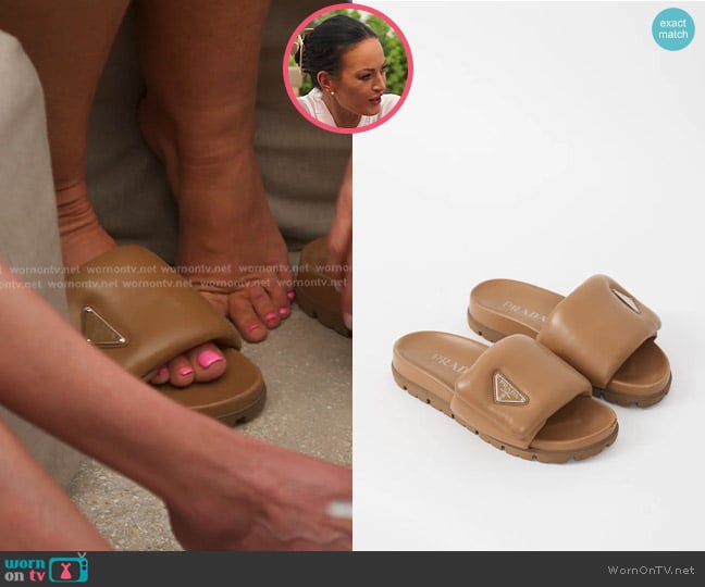 Prada Padded Leather Slide in Brown worn by Lisa Barlow on The Real Housewives of Salt Lake City