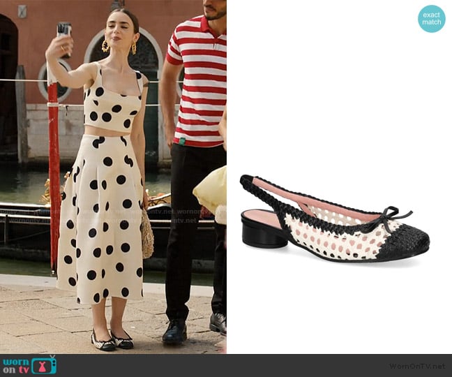 Pretty Ballerinas Odette woven slingback pumps worn by Emily Cooper (Lily Collins) on Emily in Paris