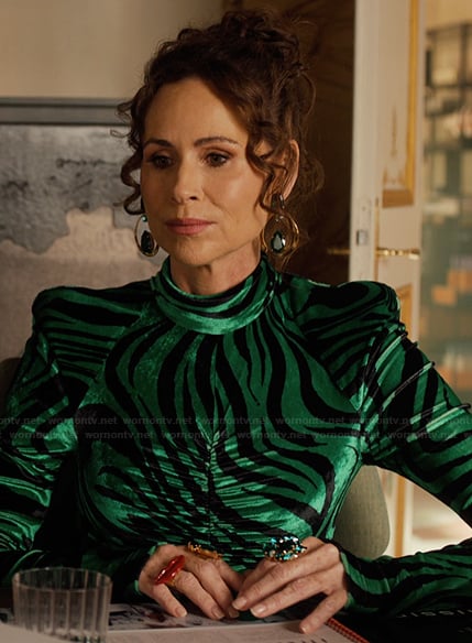 Princess Jane’s green zebra stripe dress on Emily in Paris