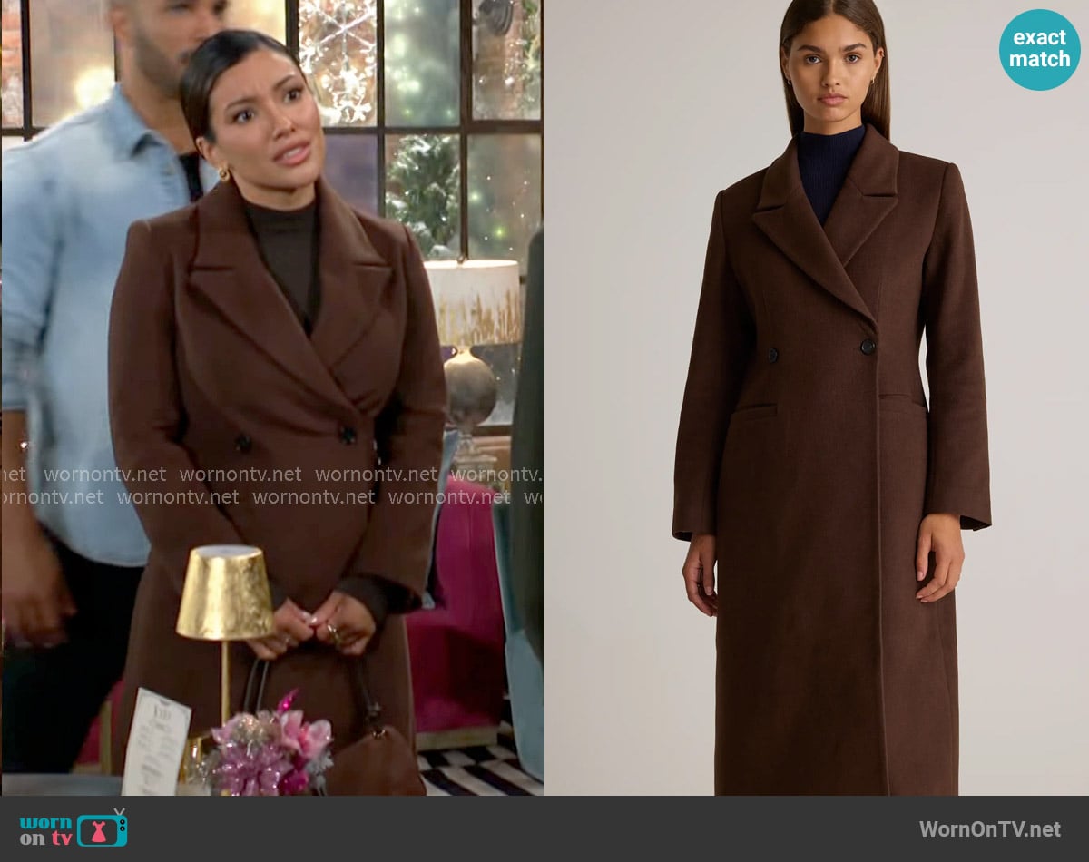 Quince Italian Wool Tailored Long Coat in Dark Chocolate worn by Audra Charles (Zuleyka Silver) on The Young and the Restless