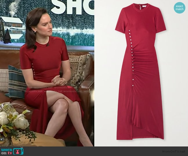 Rabanne Button-detailed gathered jersey midi dress worn by Daisy Ridley on The Kelly Clarkson Show