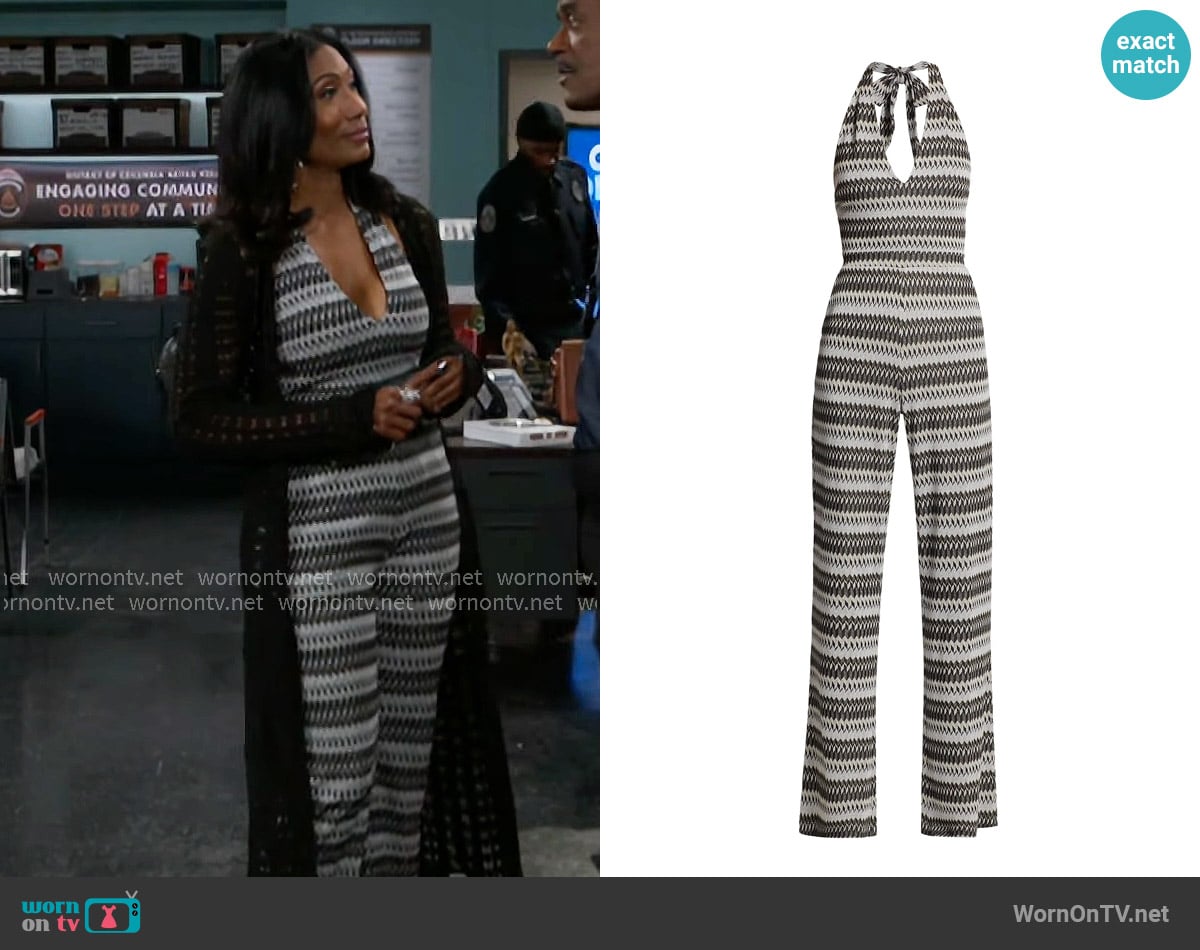 Ramy Brook Chandler Striped Sleeveless Jumpsuit worn by Dana 'Leslie' Thomas (Trisha Mann-Grant) on Beyond the Gates