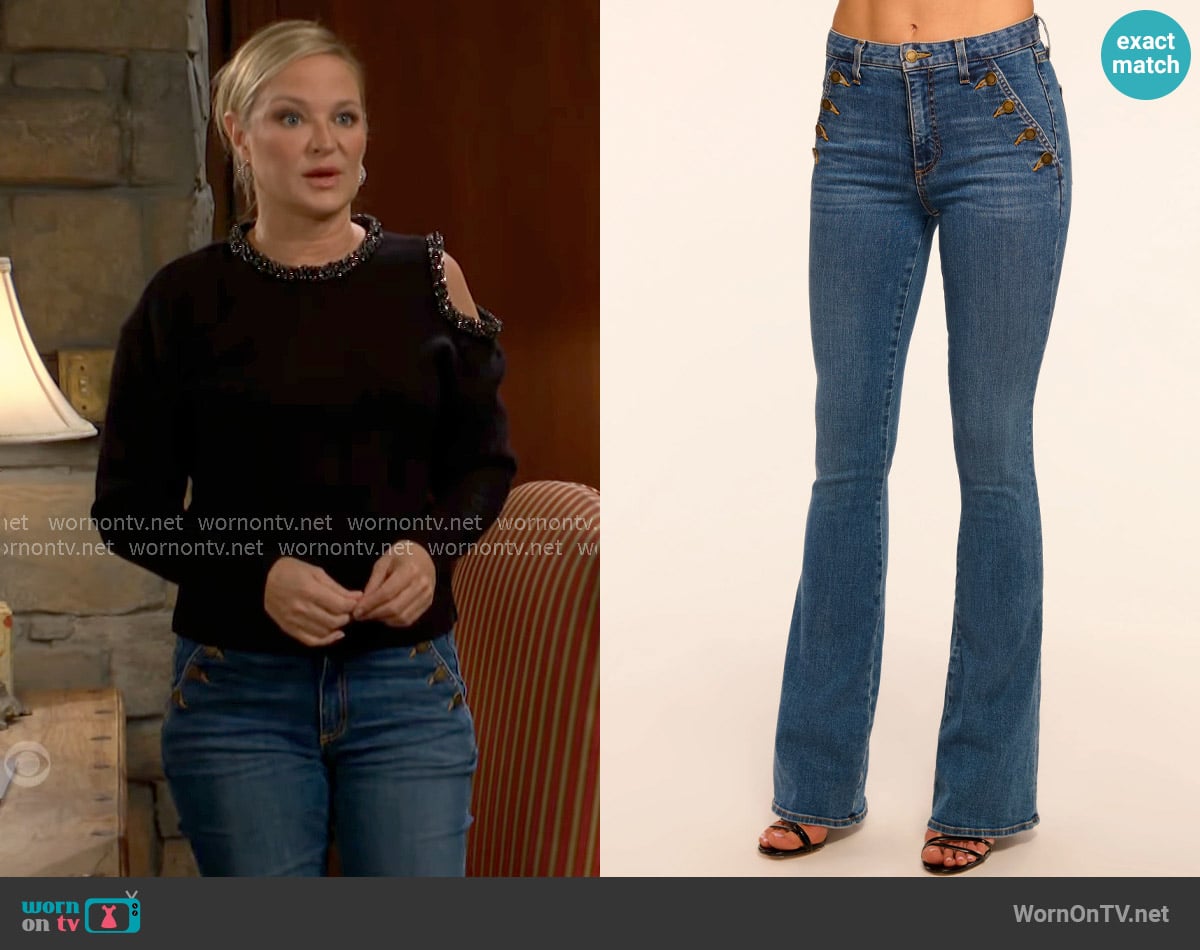 Ramy Brook Helena High-Rise Flare Jean in Medium Wash worn by Sharon Newman (Sharon Case) on The Young and the Restless