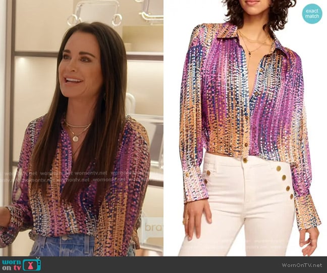 Ramy Brook Mandy Button-Up Shirt in Deep Lilac Dot worn by Kyle Richards on The Real Housewives of Beverly Hills
