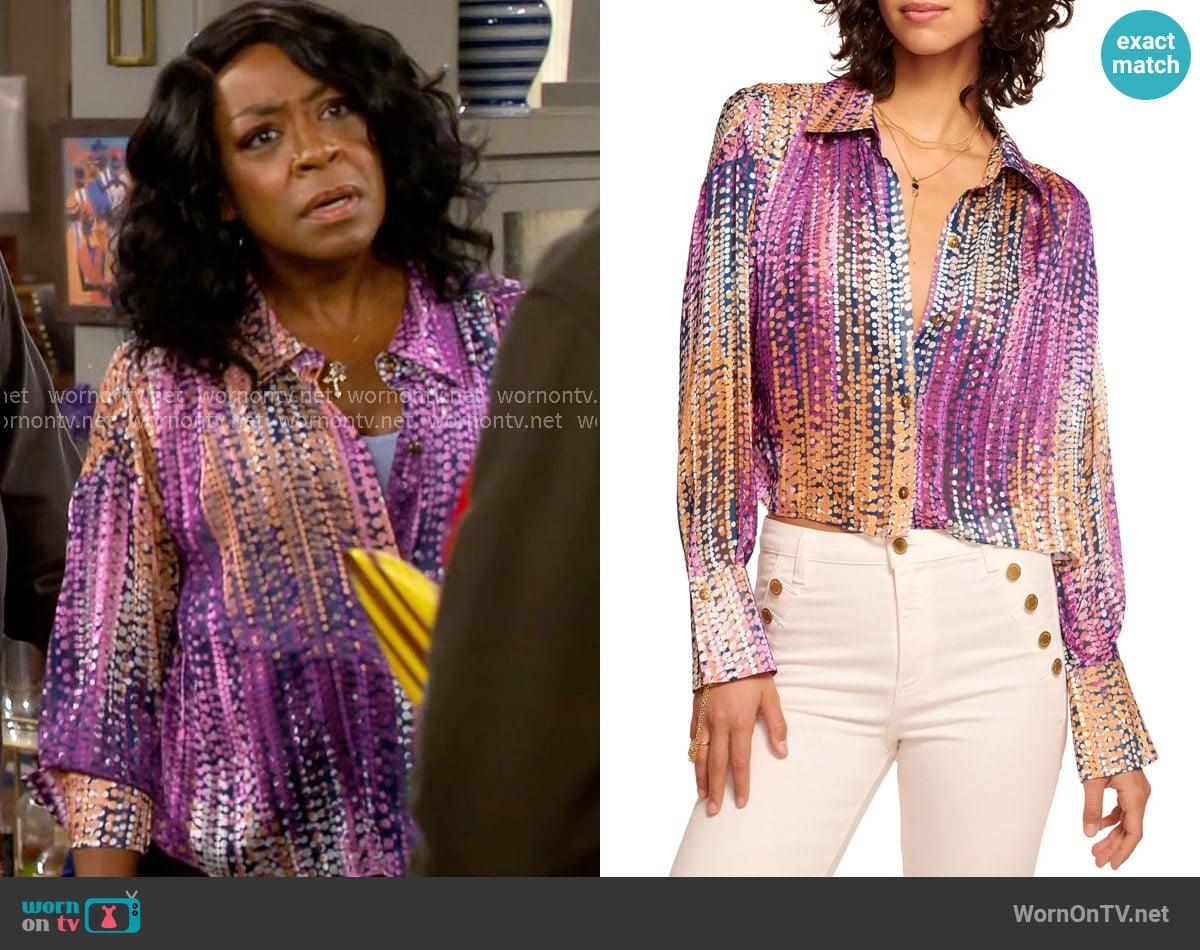 Ramy Brook Mandy Dot Print Crop Button-Up Shirt worn by Tina Butler (Tichina Arnold) on The Neighborhood