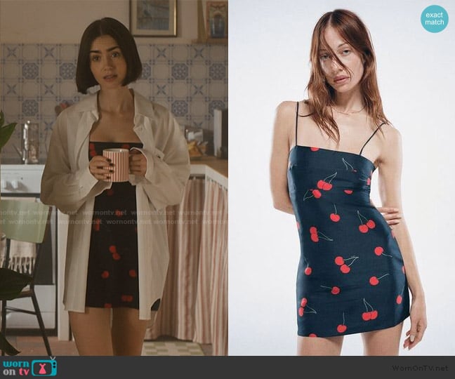 Realisation Par The Christy Mini Dress in Wild Cherry worn by Emily Cooper (Lily Collins) on Emily in Paris