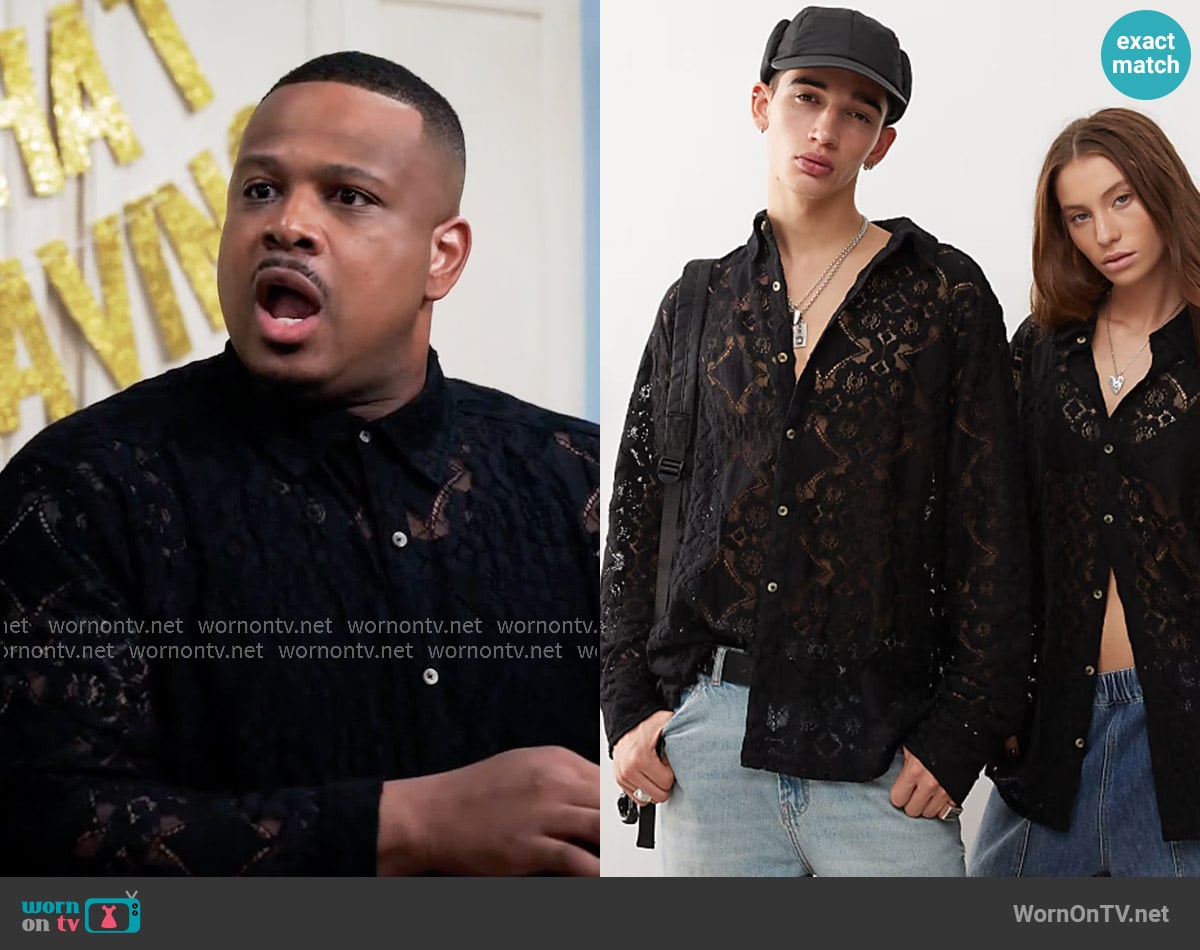 Reclaimed Vintage Long sleeve lace shirt in black worn by Maurice Webb (Brian Jordan Jr.) on Tyler Perrys Sistas
