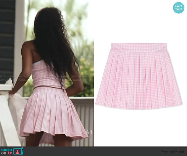Recreational Habits Taylor Gingham Skirt in Pink worn by Venita Aspen on Southern Charm