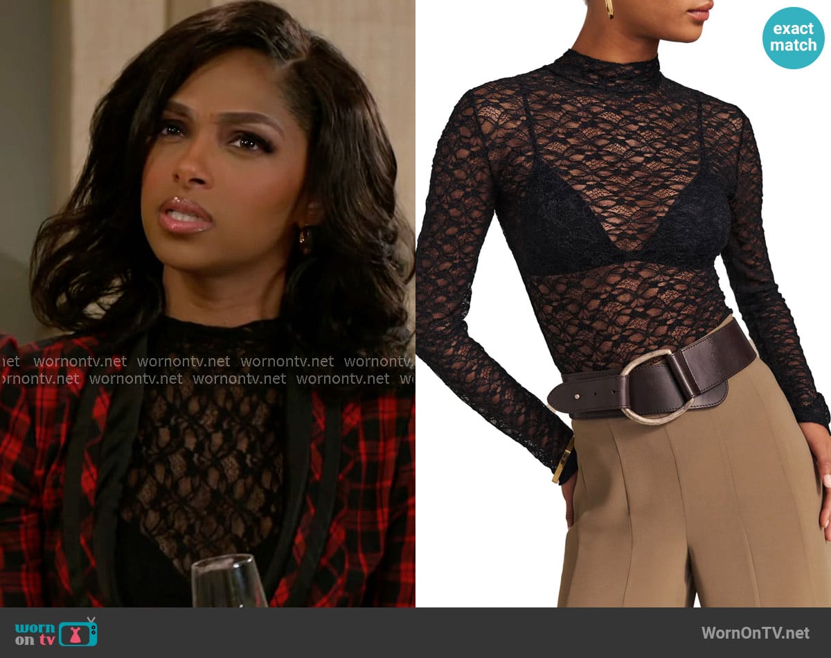 Reformation Nell Top in Black Lace worn by Kat Richardson (Colby Muhammad) on Beyond the Gates