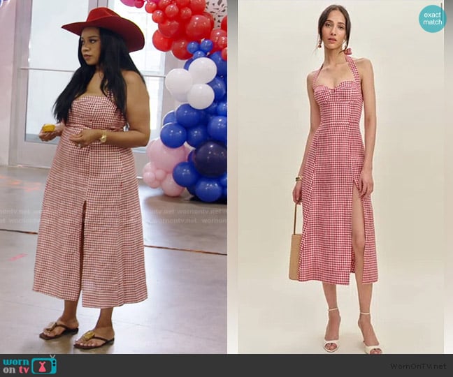 Reformation Tala Red Gingham Midi Halter Dress worn by Angel Massie on The Real Housewives of Potomac