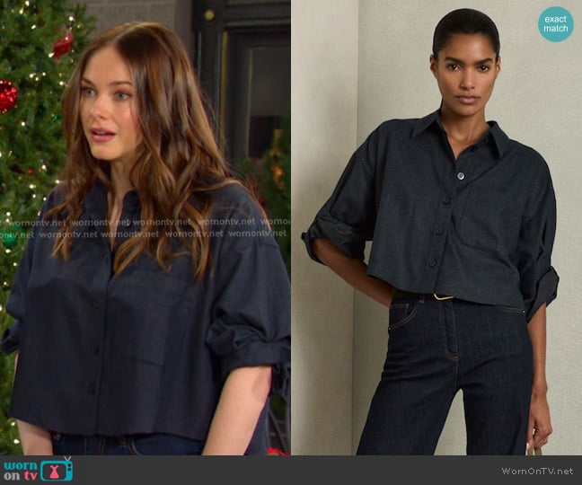 Reiss Lenny Cropped Flannel Shirt in Navy worn by Stephanie Johnson (Abigail Klein) on Days of our Lives