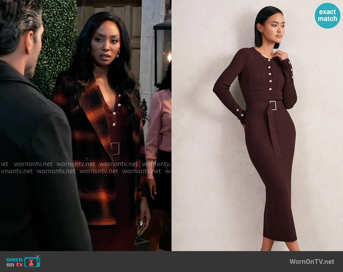 Reiss Willow Buttoned Rib-Knit Midi Dress in Burgundy worn by Jordan Ashford (Tanisha Mariko Harper) on General Hospital