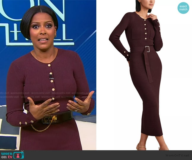Reiss Willow Buttoned Rib-Knit Midi Dress in Burgundy worn by Tamron Hall on Tamron Hall Show