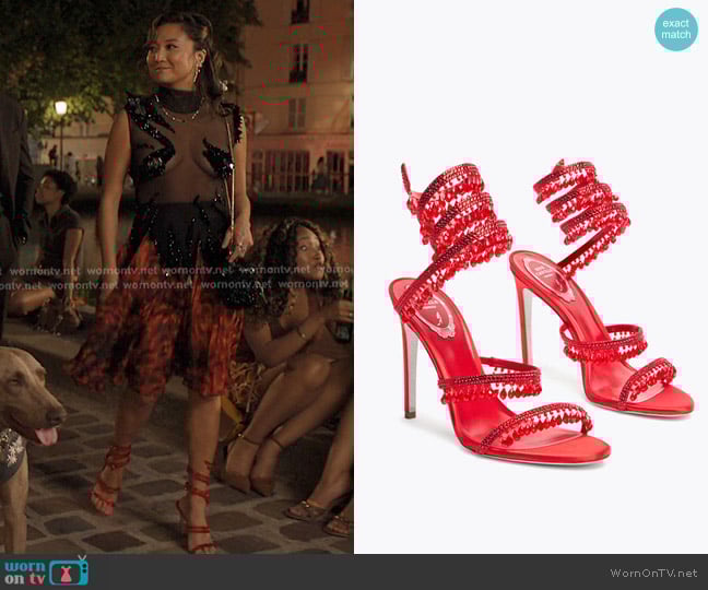 Rene Caovilla Chandelier Heeled Sandals 105 in red worn by Mindy Chen (Ashley Park) on Emily in Paris