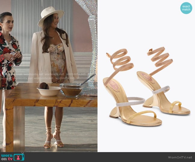 Rene Caovilla Trigold Symphony Three-Toned Sandal 105 worn by Mindy Chen (Ashley Park) on Emily in Paris