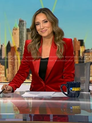 Rhiannon’s red velvet blazer and pants on Good Morning America