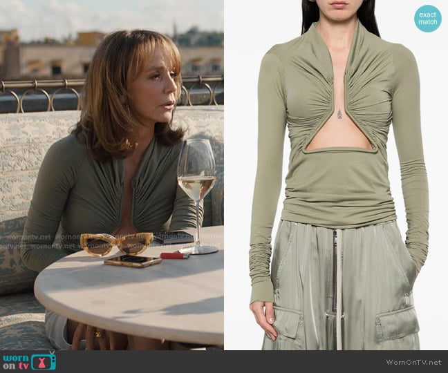 Rick Owens Prong Jersey Top in Celadon worn by Sylvie (Philippine Leroy-Beaulieu) on Emily in Paris