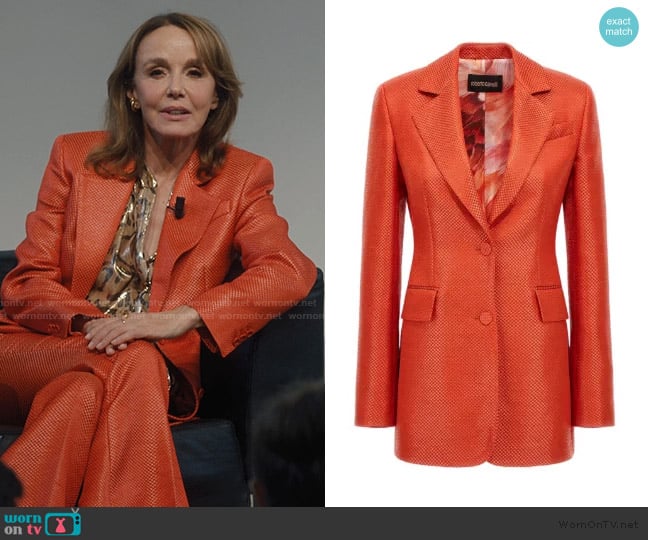 Roberto Cavalli double-breasted textured blazer worn by Sylvie (Philippine Leroy-Beaulieu) on Emily in Paris