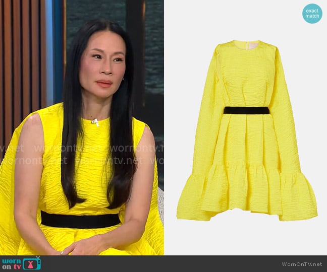 Roksanda Elia caped ruffled cloque minidress worn by Lucy Liu on CBS Mornings