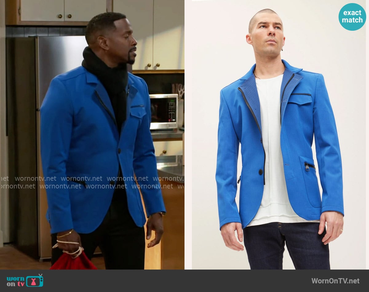 Ron Tomson Stand Collar Sport Coat in Sax worn by Ted Richardson (Keith D. Robinson) on Beyond the Gates