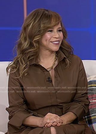 Rosie Perez’s brown belted shirtdress on Today