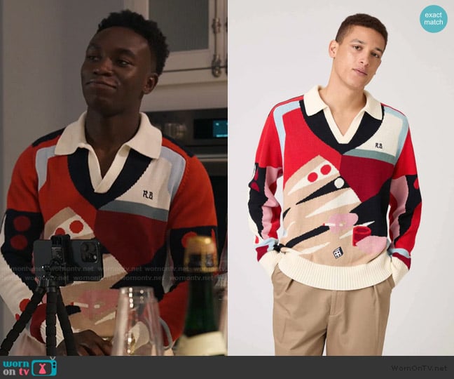 Rowing Blazers Backgammon Sweater Red Brown Multicolor worn by Carlton Banks (Olly Sholotan) on Bel-Air