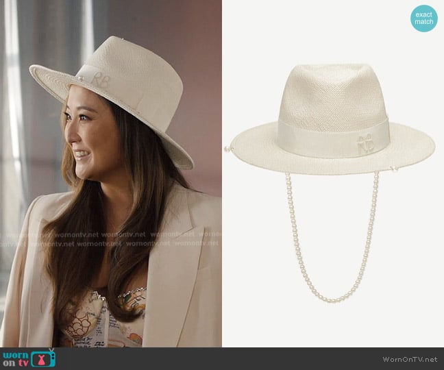 Ruslan Baginskiy Pearls-embellished Straw Fedora Hat worn by Mindy Chen (Ashley Park) on Emily in Paris