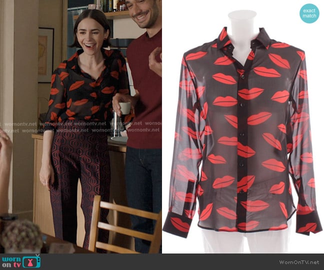 Saint Laurent Lipstick Print Silk Chiffon Blouse worn by Emily Cooper (Lily Collins) on Emily in Paris