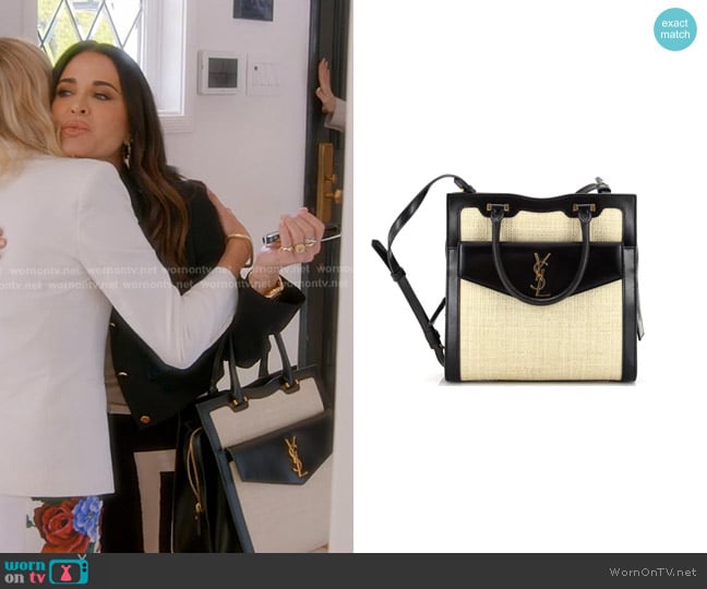 Saint Laurent Uptown Tote Raffia with Leather Tote worn by Kyle Richards on The Real Housewives of Beverly Hills