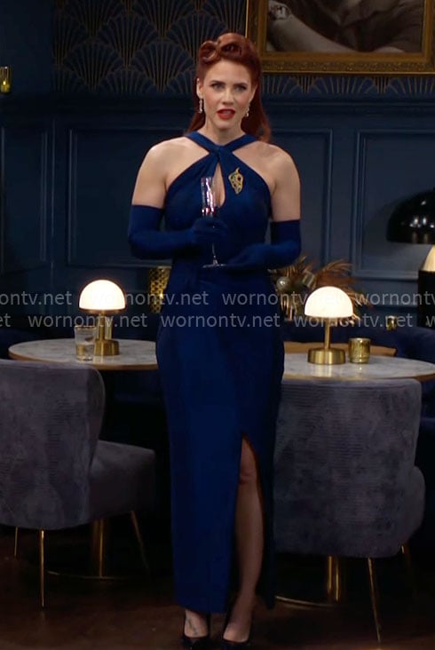 Sally’s blue keyhole dress on The Young and the Restless